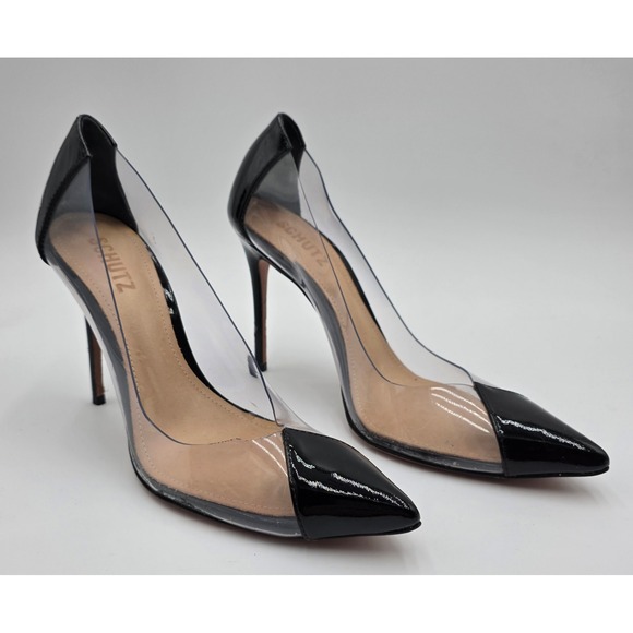 SCHUTZ Shoes - Schutz Cendi Black Patent Leather Transparent Vinyl Pointed Toe Pumps Size 9B